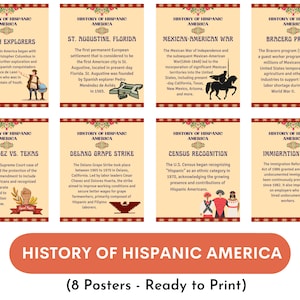 Hispanic Heritage Month, History of Hispanic America posters (Set of 8), Classroom and office Decor