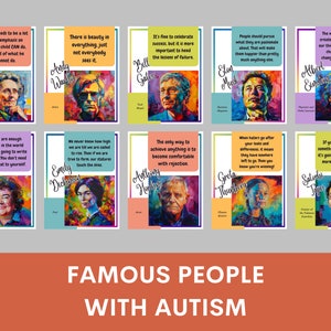 Puede incluir: Un collage colorido de retratos de personas famosas con autismo, cada una con una cita sobre sus experiencias. El collage se titula "Personas famosas con autismo".