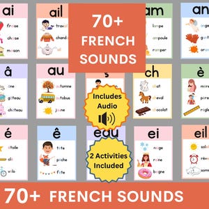 May include: Educational flashcards for learning French sounds. The cards feature colorful illustrations and French words, such as "fraise" (strawberry) and "chaise" (chair). The set includes audio and activities, with the text "70+ FRENCH SOUNDS".