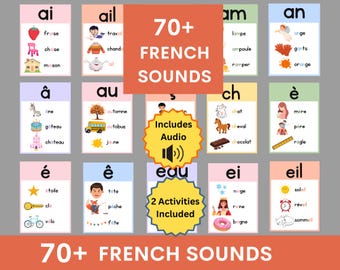 May include: Educational flashcards for learning French sounds. The cards feature colorful illustrations and French words, such as "fraise" (strawberry) and "chaise" (chair). The set includes audio and activities, with the text "70+ FRENCH SOUNDS".