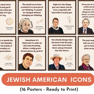 Bemerkenswerte Jüdische Amerikanische Ikonen Poster (16er Set), berühmte Jüdische Amerikaner, Jüdischer Amerikanischer Kulturerbe-Monat, Zitate