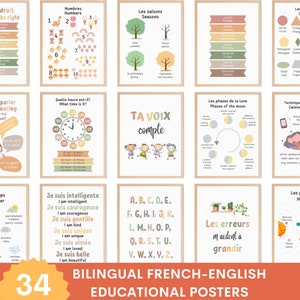 Lot d'affiches éducatives bilingues français-anglais (34 affiches), décoration de classe en français, affiches bilingues