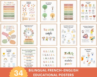 Paquete de 34 carteles educativos bilingües francés-inglés, decoración para aulas de francés, carteles bilingües