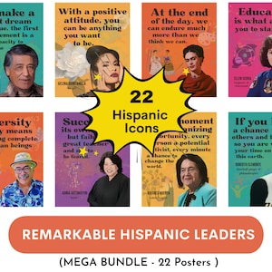 Poster mit kultigen Hispanic-Führungskräften (22 Stück), Hispanic Heritage Month, berühmte Latein-Führungskräfte, Klassenzimmer- und Bürodekor