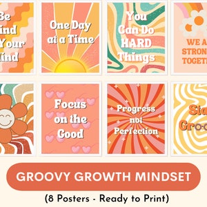 Groovy growth mindset inspirational posters (set of 8), retro growth mindset quotes classroom decor, elementary school, bulletin board
