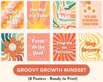Groovy growth mindset inspirational posters (set of 8), retro growth mindset quotes classroom decor, elementary school, bulletin board