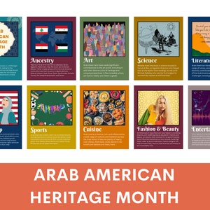 Peut inclure: Un collage coloré d'images célébrant le Mois du patrimoine arabo-américain. Le collage présente des images de drapeaux, de nourriture, de personnes et d'icônes culturelles. Le texte "Arab American Heritage Month" est affiché en grandes lettres audacieuses en bas du collage.