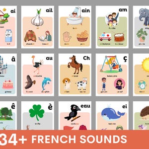 French sounds phonics flashcards, French Classroom, French phonetics, 34+ flashcards, les phonétiques en français