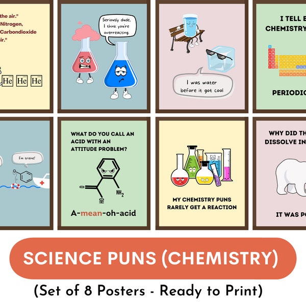 Set of 8 Funny Science puns Posters, Chemistry Puns posters, Science jokes, Class decor, middle school, High school, science teacher gift