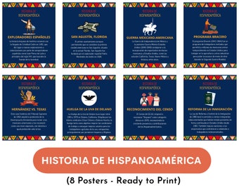 May include: Eight colourful posters with a blue background and white text. Each poster features a different historical event related to Hispanic American history. The posters are titled: "Exploradores Españoles", "San Agustin, Florida", "Guerra Mexicano-Americana", "Programa Bracero", "Hernandez vs. Texas", "Huelga de la Uva de Delano", "Reconocimiento del Censo", and "Reforma de la Inmigración".