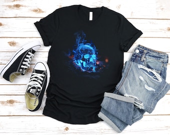 Skull T-Shirt | Flame | Hellscape Shirt | Gothic Clothing | Dark Fashion | Fire and Skulls | Hell Tee | Alternative Style | Blue Flame