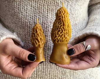May include: Two mushroom-shaped candles in varying sizes. The candles are a warm, golden-brown colour, with intricate, textured surfaces mimicking the appearance of morel mushrooms. Each candle has a thin, light-coloured wick extending from the top.