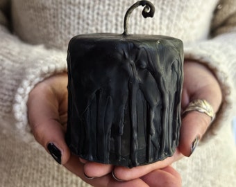 Black Drippy Beeswax Pillar Candle - Elegant and Gothic Home Decor, Dark Academia Decor