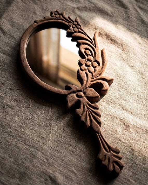 Heirloom Walnut Hand Mirror, Hand-Carved Artisan Vanity Mirror, Luxury Renaissance Style Decor, Personalized Gift for Her, Masterpiece