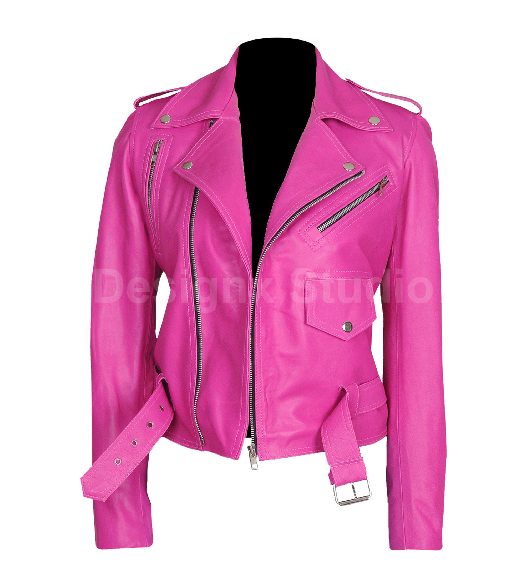 Biker Jacket With French Pink and Blue Art Printed Leather 