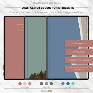 May include: Digital notebook for students with three themes: autumn, forest, and ocean. The notebook has 9 covers, 16 templates, 192 stickers, and hyperlinked pages. The notebook is tailored for Android and compatible with apps like Penly, Goodnotes, and S Notes.