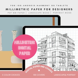 May include: A pink circle with the text "Millimetric Digital Paper" in neon pink letters. The circle is in front of a tablet screen displaying a gridded page with a black and white architectural drawing of a building. The text "Digital Paper and Covers" is below the tablet screen. The text "100 Covers" is below the text "Digital Paper and Covers". The text "Landscape & Portrait" is below the text "100 Covers". The text "5 Color Choices" is in the bottom left corner of the image.