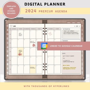 Pode incluir: Uma agenda digital para 2024 com uma capa de couro marrom. A agenda está aberta para junho e inclui um calendário, uma lista de tarefas e uma seção de notas. A agenda está vinculada ao Google Calendar.