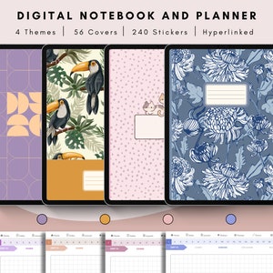 May include: Four digital notebook covers with different designs. The covers feature geometric patterns, tropical birds, polka dots, and floral patterns. The text "DIGITAL NOTEBOOK AND PLANNER" is at the top of the image. The text "4 Themes | 56 Covers | 240 Stickers | Hyperlinked" is below the title.