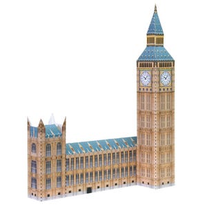 Peut inclure: Un modèle en papier tridimensionnel de la tour Elizabeth et d'une section du palais de Westminster. La structure présente des murs beiges, des toits en tuiles bleues et deux cadrans d'horloge avec des aiguilles noires sur fond blanc.