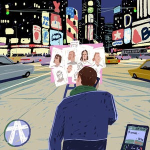 May include: An illustration of a person on a phone in front of a street art display. The background shows a city street with cars, billboards, and tall buildings. The art display features portraits. A phone screen displays the name "Roman".
