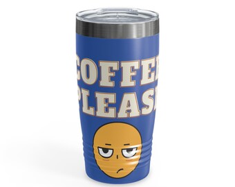 May include: A blue stainless steel tumbler with a white and brown "Coffee Please" graphic and a yellow cartoon face with a grumpy expression.