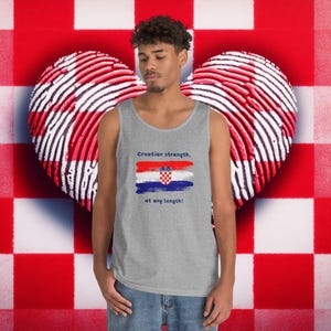 Croatian Unisex Heavy Cotton Tank Top, &quot;Croatian Strength, At Any Length&quot; - Funny and Uplifting Tank for Croatia Lovers, Croatian Flag