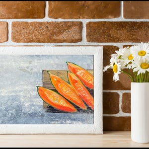 Pintura original acrílica de melón de miel, con gotas, verano jugoso, gris, naranja, decoración del hogar de la cocina