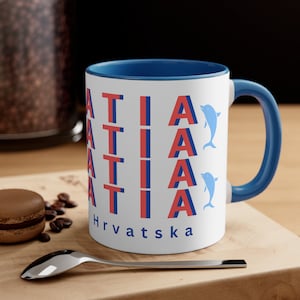 Croatia Accent Coffee Mug, 11oz, Red and Blue, Adriatic Ocean Sentiment, Dolphin, Republika Hrvatska