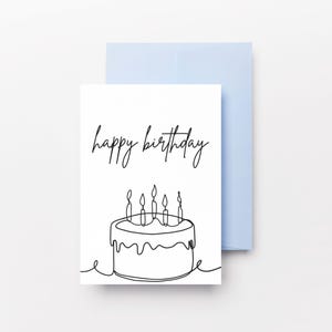 Pode incluir: Um cartão branco com texto preto que diz "feliz aniversário" e um desenho de linha de um bolo de aniversário com velas.