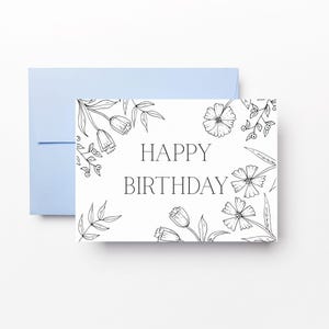 Alles Gute zum Geburtstag Karte | Minimalistisches Geburtstagskarten Design | Digitaler Download | Schlichte Schwarz-Weiß-Karte | Florales Design