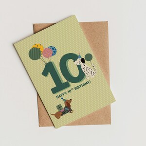 10 Geburtstag Karte | Digitaler Download für Kinder | Lustiges Hundeparty-Design mit Geschenken und Luftballons | Sofortiger Download Grünes Tier Karte