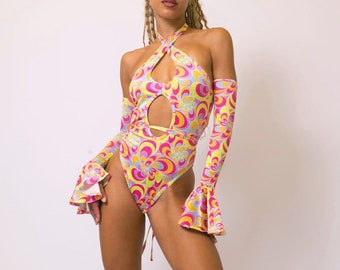 PINK Green CUT OUT Bodysuit - Festival Outfit, Rave Outfit, Swim set, festivaloutfit raveoutfit festival outfits women festival set swim set