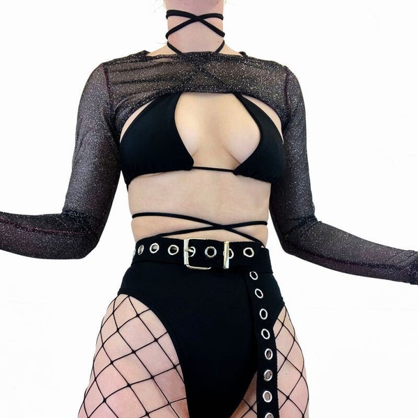 BLACK TECHNO Rave 5 PIECE set, Bikini top, bottoms, crop top, tights & belt, Festival Outfit, Rave Outfit, festival outfits women