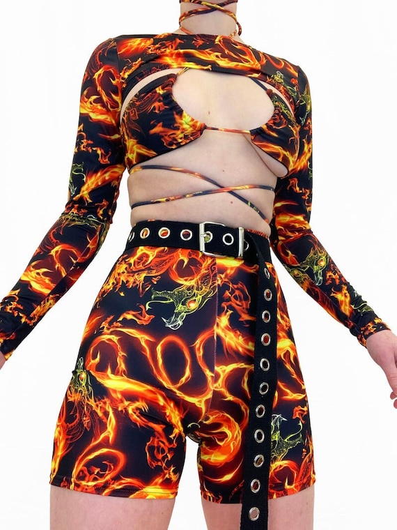 FIRE Flame CYCLING SHORTS High Waisted, Festival Outfit, Rave Outfit,  Swim shorts, festivaloutfit, raveoutfit, festival outfits women