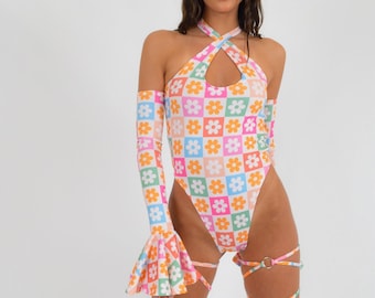 Cross Over Bodysuit in Daisy Flower Print - Festival Outfit Body, Rave Outfit Bodysuit, festivaloutfit, raveoutfit, festival outfits women