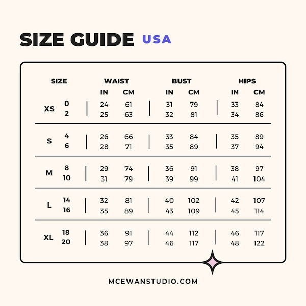 SIZE GUIDE - uk, aus, usa, eu & mens - McEwan Studio