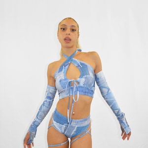 DENIM PRINT HALTER Top - Festival Outfit, Rave Outfit, Swim set, festivaloutfit, raveoutfit, festival outfits women, festival set, Bikinis