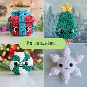 Bundle: Mini Christmas Crochet Patterns, Mini Present with removable lid, Mini Christmas Tree, Mini Peppermint Candy, and Mini Snowflake