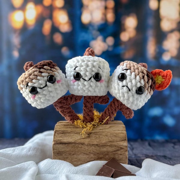 Häkelanleitung für Marshmallows am Stiel – Abnehmbare Plüsch-Marshmallows (Natur, geröstet, brennend) – Lagerfeuerspielzeug oder Spielset
