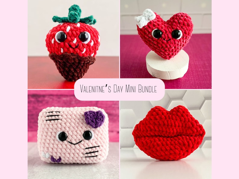 Peut inclure: Un ensemble de quatre mini peluches en crochet pour la Saint-Valentin. L'ensemble comprend une fraise, un c&oelig;ur, une lettre et une paire de l&egrave;vres. Toutes les peluches ont des visages mignons et sont faites de fil doux et color&eacute;.