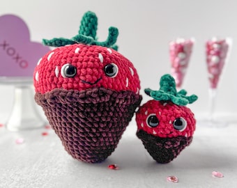 Paquete: Patrones de crochet de fresas grandes y pequeñas cubiertas de chocolate para San Valentín, patrón de crochet para regalo de San Valentín, fresa de crochet