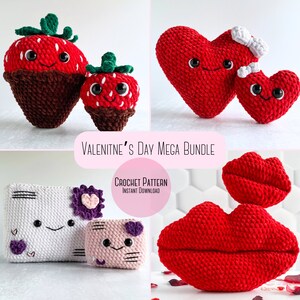 Bundle: Gehäkelte Plüsch Valentinstag Amigurumi Muster, Kusslippen, Erdbeere mit Schokoladenüberzug, Liebesbrief, süßes Herz, Amigurumi Geschenke
