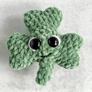 May include: A green crocheted shamrock with googly eyes and a smiling mouth.