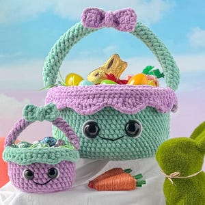 Duży i mały pluszowy koszyczek wielkanocny, wzory na szydełkowanie, wzór Amigurumi do szycia niskim ściegiem na urocze prezenty wielkanocne DIY i wiosenne dekoracje