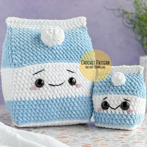 Zestaw: Mini i duże pluszowe wzory na szydełkowe kartony na mleko, dwa pluszowe wzory na mleko, jedzenie amigurumi, wzory na kartony na mleko, wzory na jedzenie do zabawy