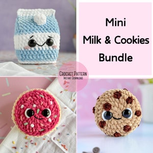 Bundel: gehaakt mini-melk- en koekjespatroon, low-sew pluche mini-melk, no-sew mini-suikerkoekje, no-sew mini-chocoladekoekje