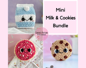 Bundel: gehaakt mini-melk- en koekjespatroon, low-sew pluche mini-melk, no-sew mini-suikerkoekje, no-sew mini-chocoladekoekje