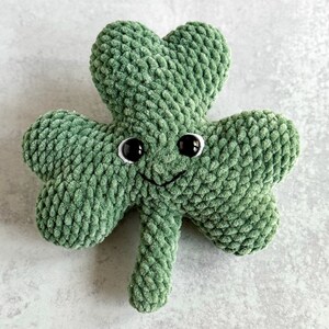 May include: A green crocheted shamrock with a smiling face and black eyes.