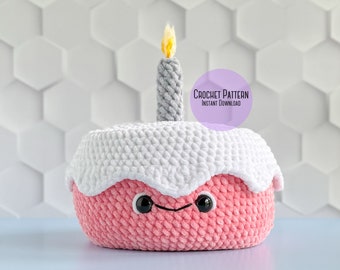 Amigurumi Plush Birthday Cake Crochet Pattern, Birthday Cake with Candle, Cake with Whipped Cream with a Cherry, Play Food Crochet Pattern